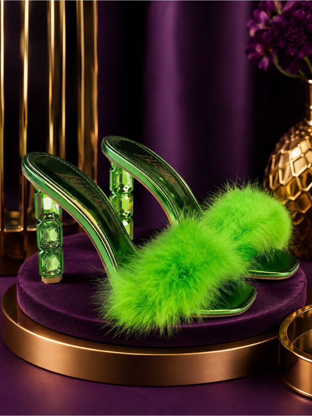 Green Faux-Fur Gem-Detail Evening Mule